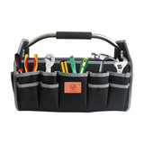 A black tool carrier bag with multiple compartments, filled with various tools including pliers, screwdrivers, and a wrench.