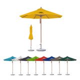 A yellow wind-resistant octagon outdoor umbrella with various colour options displayed. The umbrella has a logo.