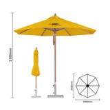A yellow wind-resistant octagon outdoor umbrella with a wooden frame and a logo, shown with its dimensions.