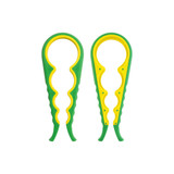 A multi-purpose jar opener with a green and yellow design, featuring a textured grip for easy handling. Includes a logo.