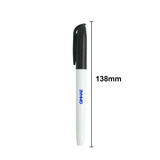 A marker pen with a white barrel and black cap, featuring a logo on the side, measuring 138mm in length.
