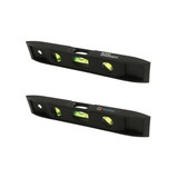 A black magnetic torpedo level featuring two spirit vials and logos on either side.