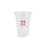 A clear plastic cup with a logo featuring hearts and the text 'EIGHT LOVE'. Suitable for various beverages.