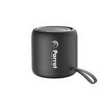 A portable waterproof Bluetooth speaker in black, featuring a logo and a carrying strap.
