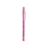A pink pen featuring a transparent barrel and a logo. The design incorporates a puzzle maze element.