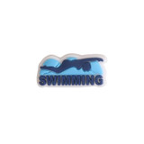 A blue and white charm featuring a swimmer with the word "SWIMMING" underneath. It has a logo on it.