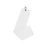 A white waffle golf towel with a hanging clip, featuring a textured fabric design.