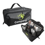 A large capacity black nylon mesh cosmetic bag with various bottles and containers inside. It features a logo.