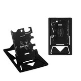 A black multi-function phone stand with measuring tools and a compact design, featuring a visible logo.