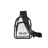 A clear PVC crossbody backpack with a black trim and a front zip pocket. It features a logo on the front.