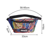 A colourful sublimation bum bag with a vibrant abstract design, featuring a zipper and an adjustable strap.