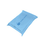 A light blue self-sealing plastic mailing bag with a logo printed on the front.