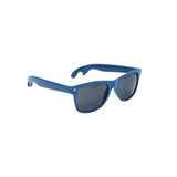 A drink bottle opener is integrated into stylish blue sunglasses with dark lenses. The product includes a logo on the frame.