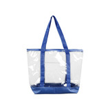 A large clear tote bag with blue straps and a blue base, featuring a zippered top for secure closure.