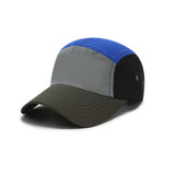 A lightweight five-panel flat bill cap in blue, grey, and black with a green brim and a logo.