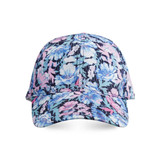 A floral-patterned six-panel custom cap in shades of blue, pink, and white, featuring a logo on the front.