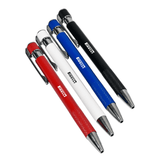 A set of four metal ball pens in red, blue, white, and black, featuring a textured grip and silver accents.