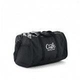 A black duffle bag with a logo, featuring a zippered main compartment and handles.
