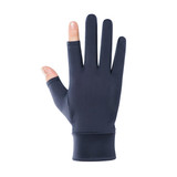 A pair of navy sun protective gloves with two open fingers and a fitted wrist design.