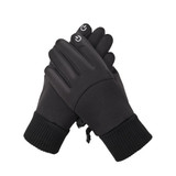 A pair of black touchscreen winter gloves with ribbed cuffs and power buttons on the fingertips.