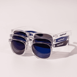 A pair of clear and blue sunglasses stacked on top of each other, featuring a logo on the side.