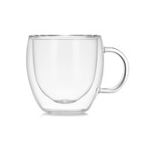 A clear double wall mug with a handle, featuring a rounded shape and a smooth finish.