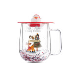 A Christmas-themed double wall mug with a clear body, red lid, and festive decorations featuring a reindeer and tree.