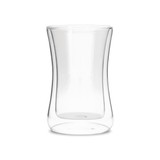 A drink bottle made of clear glass with a sleek, double wall design and a distinctive tapered shape.