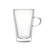 A transparent double wall mug with a handle, featuring a sleek, modern design.