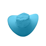 A foldable cowboy hat in bright blue with a round top and wide brim, featuring a pouch for storage.