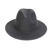 A black felt wide brim fedora hat with a smooth texture and a rounded crown, featuring a logo on the interior.