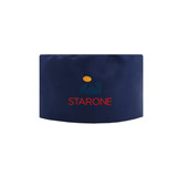 A navy blue chef skull cap featuring a logo.