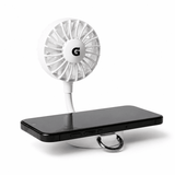 A white rechargeable fan with a flexible arm attached to a black phone stand. It includes a logo on the fan.