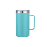 A drink bottle featuring a 625ML double wall stainless steel mug in bright blue with a handle and a lid.