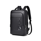 A black polyurethane laptop backpack featuring multiple compartments and a front pocket. It includes a branding logo.