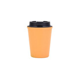 A drink bottle featuring a double wall design, made from wheat straw, in orange with a black lid. It has a logo.