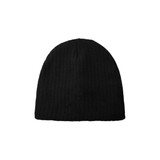 A black cable knit beanie with a textured design and a simple, rounded shape. It features a logo on one side.