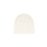 A white beanie with a simple design, featuring a soft texture and no visible branding.