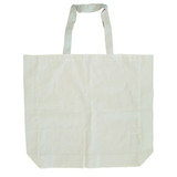 A natural beige calico bag with short handles and a gusset, featuring a logo on one side.