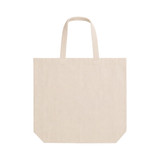 A light beige tote bag with short handles and a gusset, featuring a simple design and an unbranded appearance.