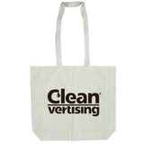 A calico tote bag in a light beige colour with long handles and a gusset, featuring a logo.