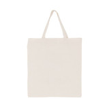 A short handle calico bag in a natural beige colour featuring a logo.