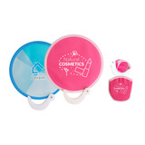 A 20cm foldable fan in blue and pink colours, featuring a logo and decorative design.
