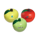 Three apple-shaped stress relievers in red, green, and yellow, featuring various logos.