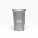 A drink cup made of recycled aluminium, featuring a sleek silver design and a logo on the front.