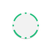 A round poker chip featuring a white centre and green accents around the edge. It has a logo in the centre.