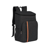A large capacity cooler backpack in black with an orange stripe and mesh side pockets, features a top zip closure.
