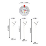 A deep fry thermometer with a silver clip and probe, featuring a round dial with a red marker and measurement details.