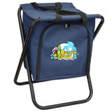 A navy blue cooler seat with a black handle, featuring a logo on the front. The seat has a sturdy metal frame.