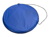 A round, blue sunshade featuring a drawstring for easy carrying. It has a smooth, flat surface.
